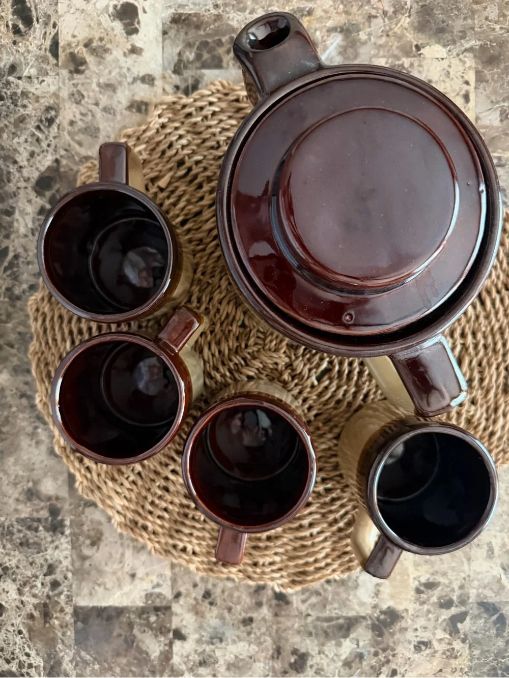 Vintage Brown & Cream Stoneware Tea Set | Teapot + 4 Mugs